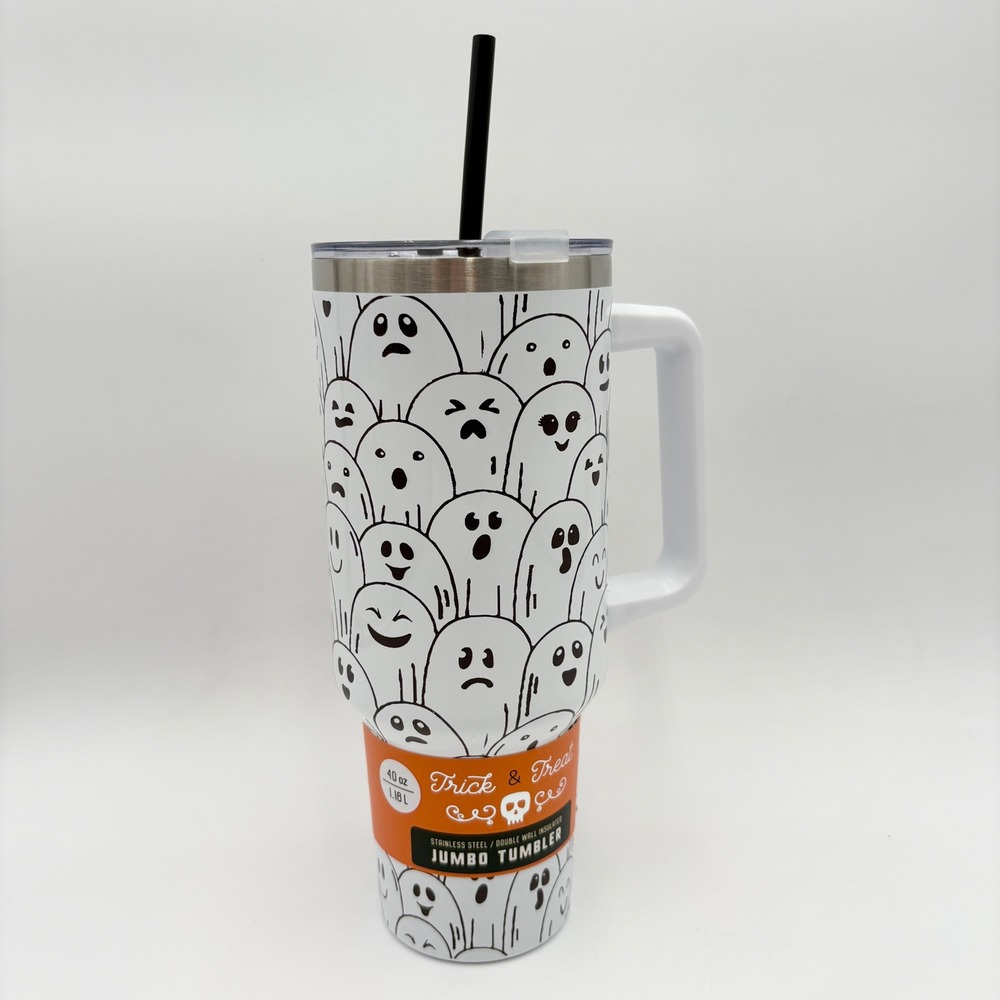 Trick Treat Ghosts Jumbo Tumbler 40 oz Stainless Steel Halloween Cup Mug
